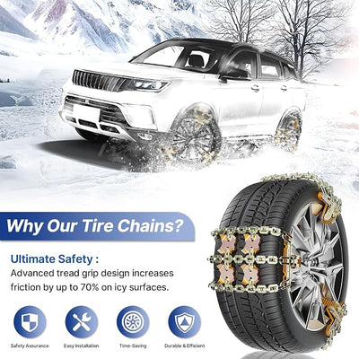 Snow Chains, Emergency Anti-Skid Tire Chains for SUV, Cars, Sedan, Pickup Trucks with Update Adjustable Lock for Ice, Snow, Mud, Sand, Applicable Tire Width 225-305 mm (8.86-12 inch)