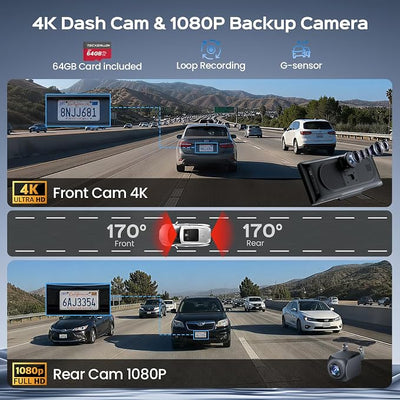 TECXERLLON 10.26" Portable Apple CarPlay Screen for Car with 4K Dash Cam and 1080P Backup Camera, Wireless Car Play & Android Auto, OTA, GPS Navigation, Voice Control, Mirror Link