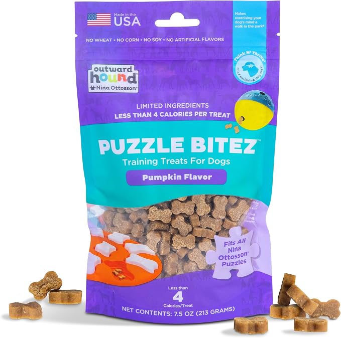 by Nina Ottosson Puzzle Bitez USA Made Dog Treats, Pumpkin Flavor, Bite-Sized Training Reward and Interactive Puzzle Toy Treats, 7.5oz