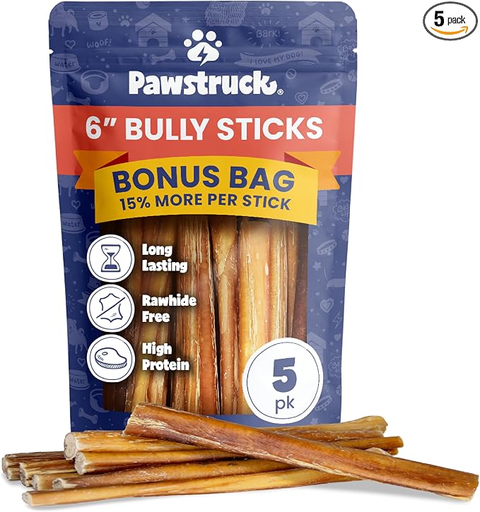 Bully Sticks for Dogs 6" Long Lasting Rawhide Free Dental Chews Single Ingredient 100% Real Beef Pizzle Dog Treats 5-Pack Bonus Bag Low Odor Premium Quality | Long Lasting, Rawhide Free Dental Chews, Single Ingredient 100% Real Beef Pizzle, L...