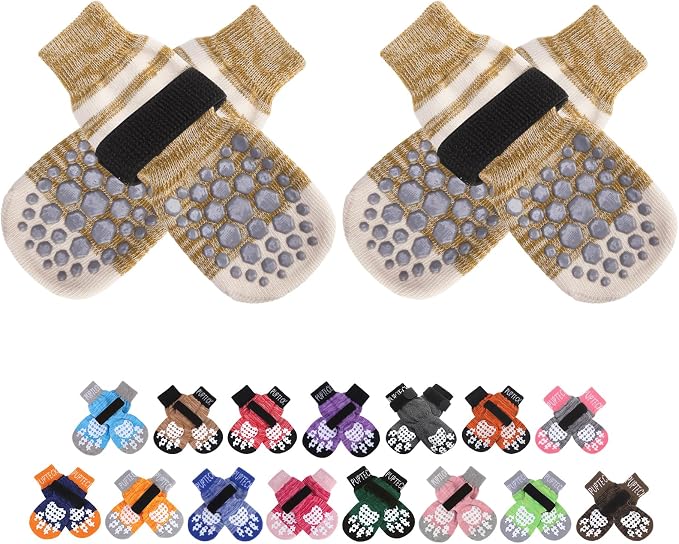 Anti-Slip Dog Socks with Double Sides for Small Medium Large Dogs Hardwood Floors Prevents Licking, Dog Shoes for Hot Pavement Traction Control Paw Protector for Senior Dogs, Striped Khaki XS