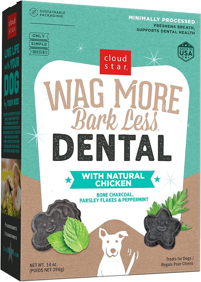 Wag More Bark Less Crunchy Dental Dog Treats, Chicken, Bone Charcoal, Parsley & Mint, 14 oz. Box
