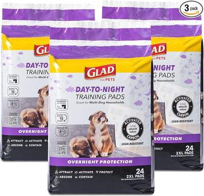 Glad for Pets Day to Night Activated Carbon Puppy Training Pads, Odor Control Disposable Dog Pads with Adhesive and Wall Protection, Leak Proof and Super Absorbent, 30 x 36 Inch, 24 Count - 3 Pack