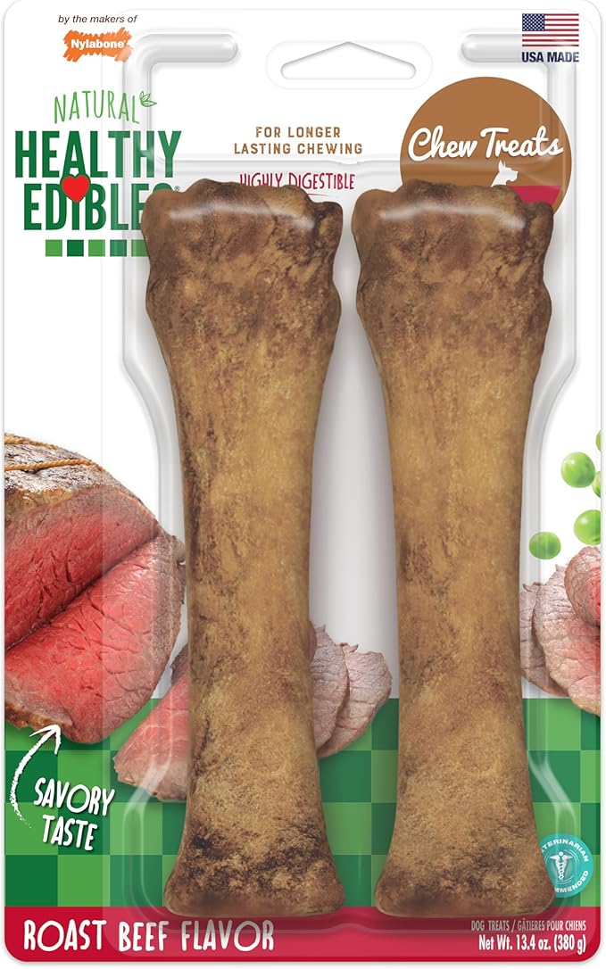 Healthy Edibles Natural Dog Chews, Long Lasting Bones for Dogs, Roast Beef Flavor Dog Treats, X-Large (2 Count)