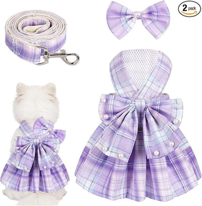 Dog Plaid Dress Harness and Leash Set with Pearls Bow Adjustable Puppy Dress Mesh Vest Bow Knot Pet Clothes for Cute Small Girl Dog Cat (Purple&White, Small)