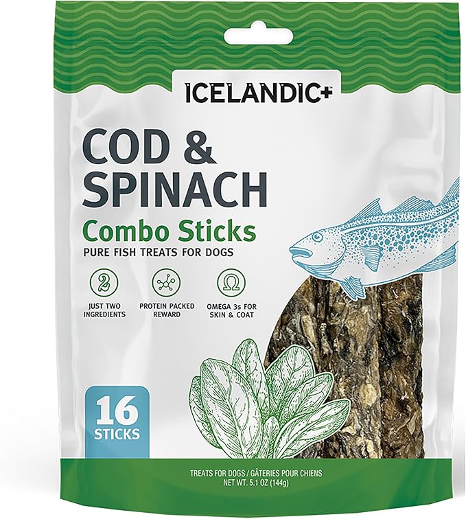 Icelandic+ Combo Sticks: Cod & Spinach - 16ct, 5.1oz Bag - Dog Treats, 2 Ingredient Pet Snacks, Wild Caught Fish, Slow Baked, Crunchy Natural Chews