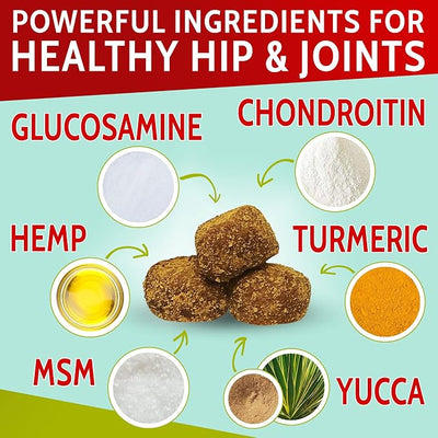 PAWFECTCHEW Hemp + Glucosamine Treats for Dogs - Made in USA Hip & Joint Supplement w/Hemp Oil Chondroitin MSM Turmeric - Natural Pain Relief - All Breeds Sizes - 120 Soft Chews - Bacon Flavor