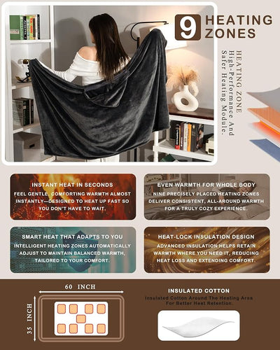 Cordless Heated Blanket with Hood, USB Battery Powered Heated Wearable Blanket with 9 Heating Zones, 20000 mAh Power Bank, 3 Levels, Portable Heated Throw Blanket, Heated Shawl