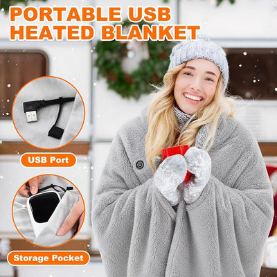 Mindsoft Heated Blanket Wearable Shawl Battery Operated Cordless USB Heated Shawl with Storage Bag Rechargeable Electric Blanket 3 Heating Levels Throw for Adult Women Winter Outdoor