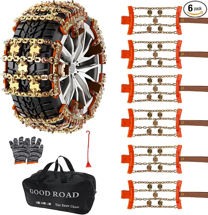 KYX Upgrade Alloy Steel Tire Chains for Car/SUV/Pickup Truks, Adjustable Universal Emergency Snow Chains for Off-road SUV Car Tires 185 195 205 215 225 235 245 255 - Set of 6, Alloy Steel