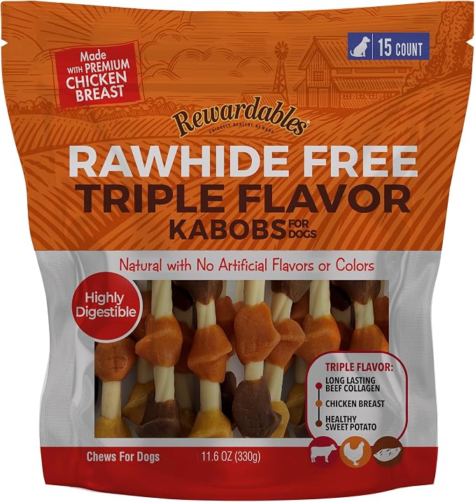 Rawhide Free Triple Flavor Kabobs for Dogs | Real Chicken, Beef and Healthy Sweet Potato | 15 Count