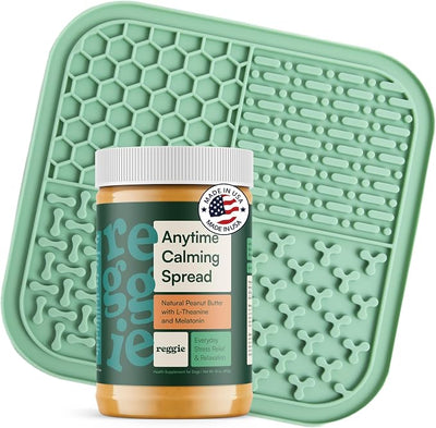 Reggie Calming Spread for Dogs, 100% Natural Peanut Butter with Melatonin & L-Theanine, Short-Term Dog Anxiety Relief, Made in USA (Calming Spread+Lick Mat Green)