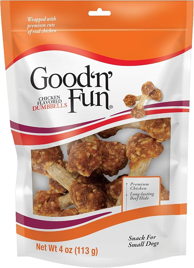 Good n’ Fun Chicken Flavored Dumbbells 4 Ounces, Rawhide Snacks for Small Dogs