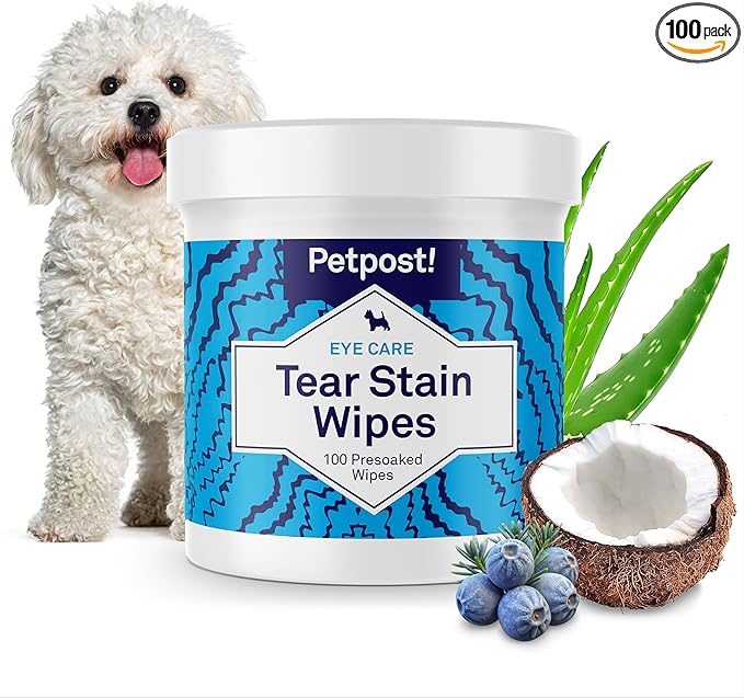 Tear Stain Remover Wipes for Dogs | 100 Count Gentle Eye Wipes with Juniper Berry & Coconut | Dog Face Wipes for Tear Stains & Eye Discharge | Soft Cotton Pads, Bleach Free
