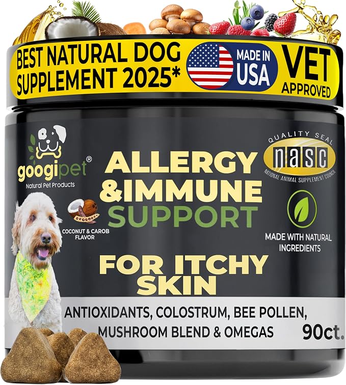 Dog Allergy Chews, Seasonal Dog Allergy Relief & Itchy Skin Relief, Skin & Coat Supplement Colostrum, Coconut Oil, Omega 3 Fish Oil, & Bee Pollen for Dogs Itch Relief