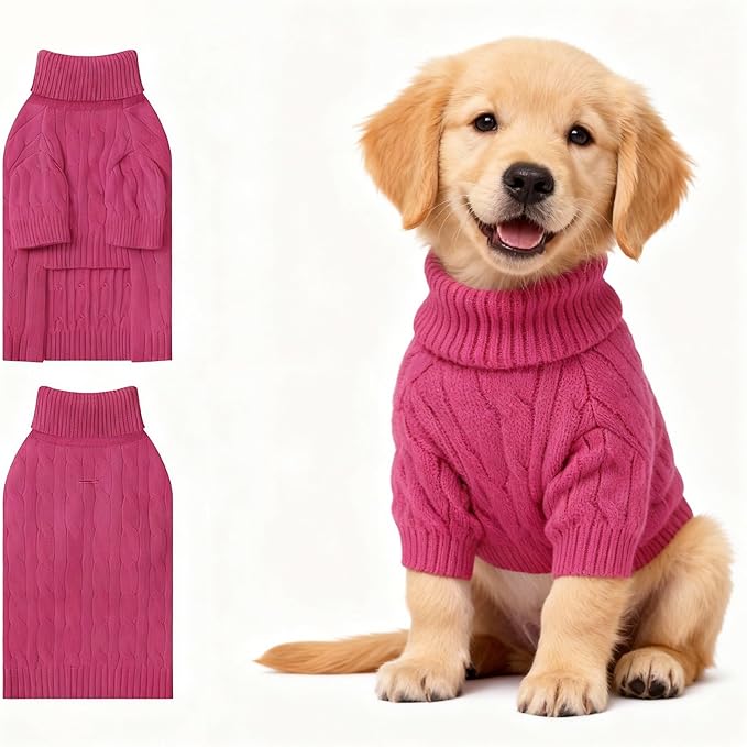 Small Dog Thermal Pullover Sweater, Classic Turtleneck Cable Knitwear Dog Clothes for Cold Weather Warm Pet Clothes for Chihuahua, Bulldog, Dachshund, Pug Hot Pink XX-Large
