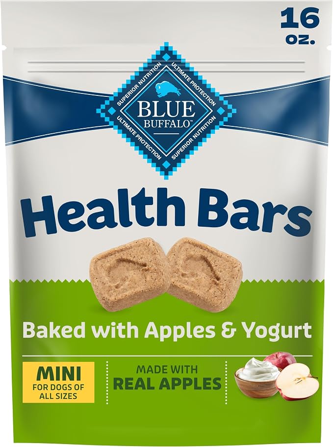 Blue Buffalo Mini Health Bars Apples & Yogurt Crunchy Dog Biscuits, Bite-Sized for Training, Oven-Baked with Real Apples & Natural Ingredients, Healthy Dog Treats, 16 oz.