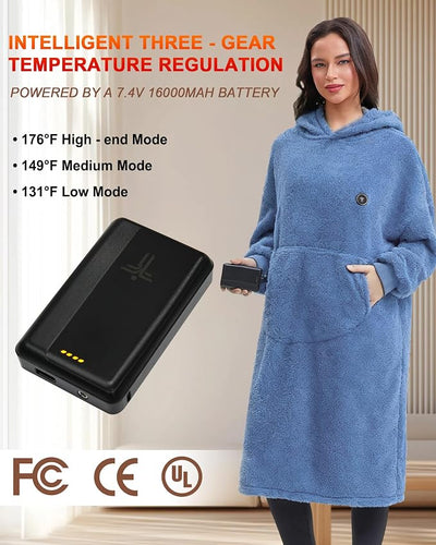 Oversized Heated Wearable Blanket, Battery Powered Fleece Hoodie Robe 7.4V 16000mAh 167°F Overheat Protection