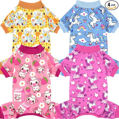 XPUDAC 4 Pack Dog Pajamas for Small Medium Dogs, Strechy Soft Puppy Clothes for Doggie Girl Boy Pet Jumpsuit, Cat Onesie-XS
