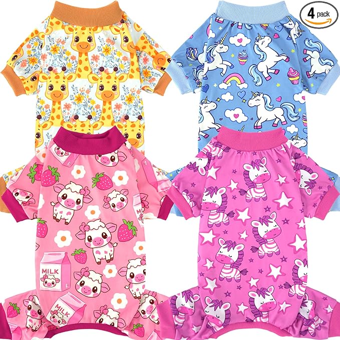 4 Pack Dog Pajamas for Small Medium Dogs, Strechy Soft Puppy Clothes for Doggie Girl Boy Pet Jumpsuit, Cat Onesie-XS