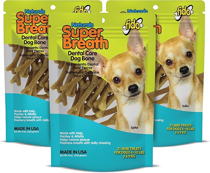 Fido Super Breath Dental Care Bones for Dogs, Mini - 21 Count, Pack of 3 - Fresh Breath Dog Dental Treats for Small Dogs - Plaque & Tartar Control - Made in USA (63 Total)