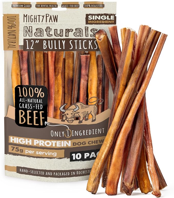 Naturals Bully Sticks for Small & Medium Dogs - Grass Fed Beef Chews. Bully Sticks for Large Dogs. Lower Odor Stick Treat. Single Ingredient (12" - 10 Pack)