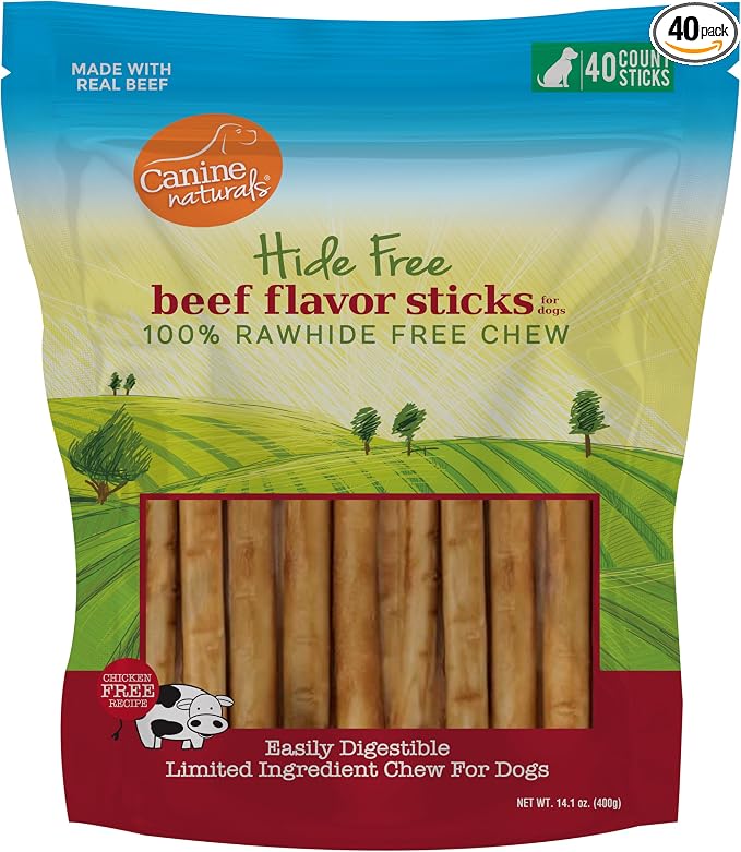 Canine Naturals Beef Chew - Rawhide Free Dog Treats - Made with Real Beef - Poultry Free Recipe - All-Natural and Easily Digestible - 40 Pack of 5 Inch Stick Chews
