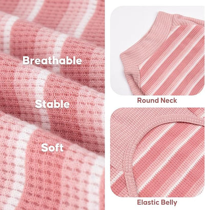 KYEESE 2Pack Waffle Dog Shirt with Sleeves, Lightweight Dog T Shirts for Small Dogs Girl, Breathable Pet Tee Shirts Soft Dogs Clothes for Daily Wear, Pink+Striped, M