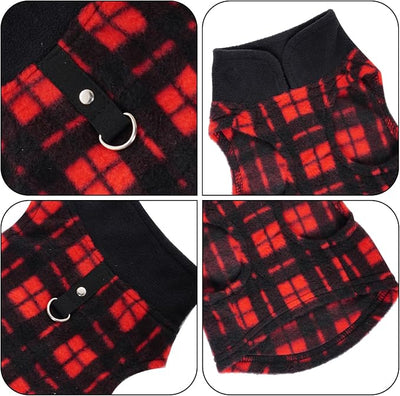 Rbenxia 1 PC Plaid Dog Sweaters with Leash Ring Soft Fleece Vest Dogs Pullover Warm Jacket Pet Dogs Clothes Winter Dog Outfits for Small Puppy Cat Pets (Black and Red, Small)