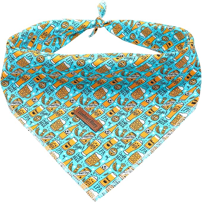 Lionheart Glory Dog Bandana, Blue Dog Scarf, Beer Print, Adjustable for Small to Large Dogs