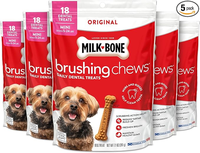 Milk-Bone Brushing Chews Original Chicken Flavor Daily Dental Dog Treats, Mini, 7.1 Oz. Bag (Pack of 5)