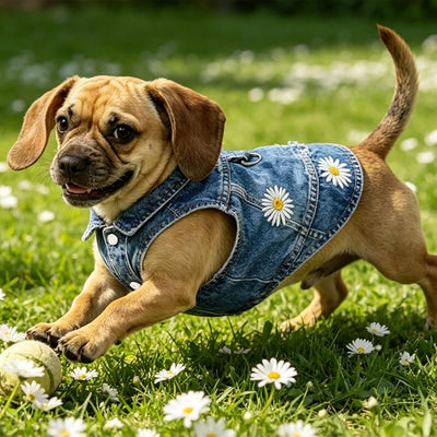Dog Jean Jacket, Blue Denim Shirt Classic Lapel Vest Coat Costume Puppy T-Shirt, Comfort Tank Top Cool Apparel, Washed Pet Clothes for Dogs Boy Girl (Daisy Meadow with D-Ring, Medium)