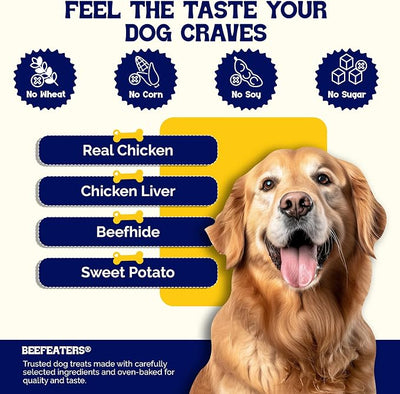 Beefeaters Triple Flavor Beefhide Kabobs 1.58oz (12 Pack) Dog Treats with Real Chicken, Liver & Sweet Potato – Long-Lasting Dog Kabob Treats for Chewing, Dental Support*, Flavor-Packed Treats