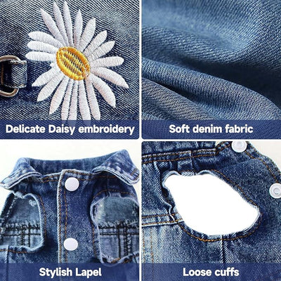 Dog Jean Jacket, Blue Denim Shirt Classic Lapel Vest Coat Costume Puppy T-Shirt, Comfort Tank Top Cool Apparel, Washed Pet Clothes for Dogs Boy Girl (Daisy Bloom with D-Ring, Medium)