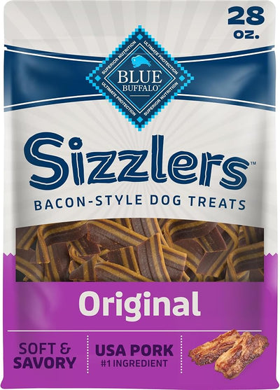 Blue Buffalo Sizzlers Original Flavor Bacon-Style Dog Treats with Real USA Pork, Soft & Meaty Treats Enhanced with Vitamins, Minerals, & Other Nutrients, No Red 40 Dye or BHA, 28 oz.