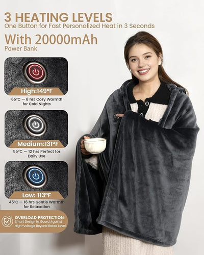 Cordless Heated Blanket with Hood, Rechargeable Wearable Heated Blanket Battery Powered with lasting Battery, Portable Heated Throw Blanket with 9 Heating Zones & 3 Levels, Camping (Warm Shadow Gray)