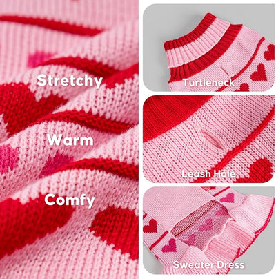 KYEESE Valentines Dog Sweater, Stretchy Small Dogs Sweater, Soft Turtleneck Dog Sweaters for Small Dogs, Warm Pet Sweaters Dress with Heart Print, Comfy Pet Clothes Coat with Leash Hole, XL