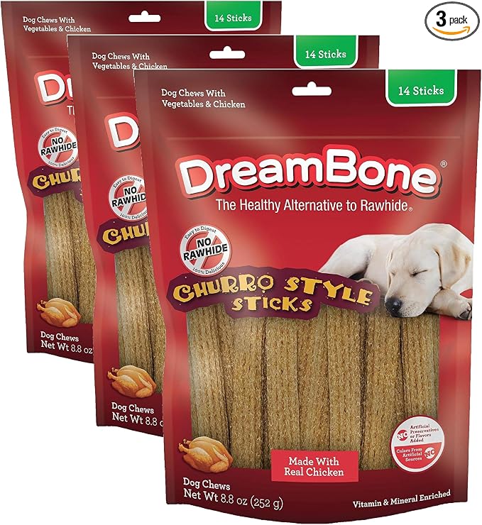 Churro-Style Dog Sticks, Treat Your Dog to a Chew Made with Real Chicken 14 Count (Pack of 3)