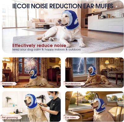 IECOii Dog Ear Cover Muffs for Dogs,Soft Calming Hood that Helps Dogs Feel More Comfortable During Fireworks,Thunderstorms, Grooming & Travel,Adjustable Dog Ear Wrap(Blue,L)