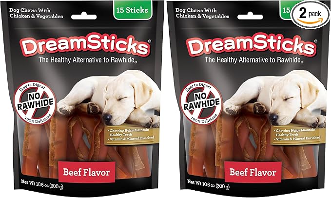 DreamBone DreamSticks,Rawhide Free Dog Chew Sticks Made with Real Beef and Vegetables,15 Sticks,(Pack of 2)