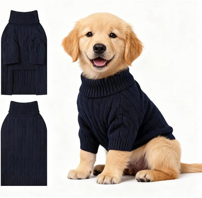 Small Dog Thermal Pullover Sweater, Classic Turtleneck Cable Knitwear Dog Clothes for Cold Weather Warm Pet Clothes for Chihuahua, Bulldog, Dachshund, Pug Navy XX-Large
