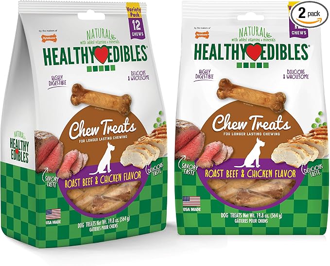 Healthy Edibles Natural Dog Chews Long Lasting Roast Beef & Chicken Flavor Treats for Dogs, Small/Regular (24 Count)