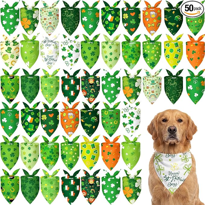 50 Pcs St Patrick's Day Dog Bandanas Bulk Green Shamrocks Bandanas for Dogs Triangle Kerchief Bibs Scarf for Pet Irish Costume Photo Props Pet Shops Groomer, 25 Styles (31.5 x 21.7 x 21.7)