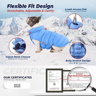 SPACE LION Dog Puffer Jacket, Down Winter Coat, Durable Outdoor Coat for Cold and Windy Conditions, Lightweight & Adjustable Fit Coats for Small & Medium Dogs, (Blue, Size12/M)