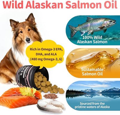 Salmon Oil for Dogs Skin & Coat, 13 in 1 Wild Alaskan Fish Oil for Dogs - Omega 3 EPA & DHA & ALA Fatty Acids, Dog Allergy Relief Chews, Joint & Immune Support, 135 Count, Chicken Flavor, Soft Chews