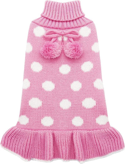KYEESE Valentines Dog Sweater Dress, Warm Dog Sweaters for Small Dogs Girl Dogs Clothes, Pullover Cozy Knit Pet Apparel with Leash Hole, Pink Dot, L