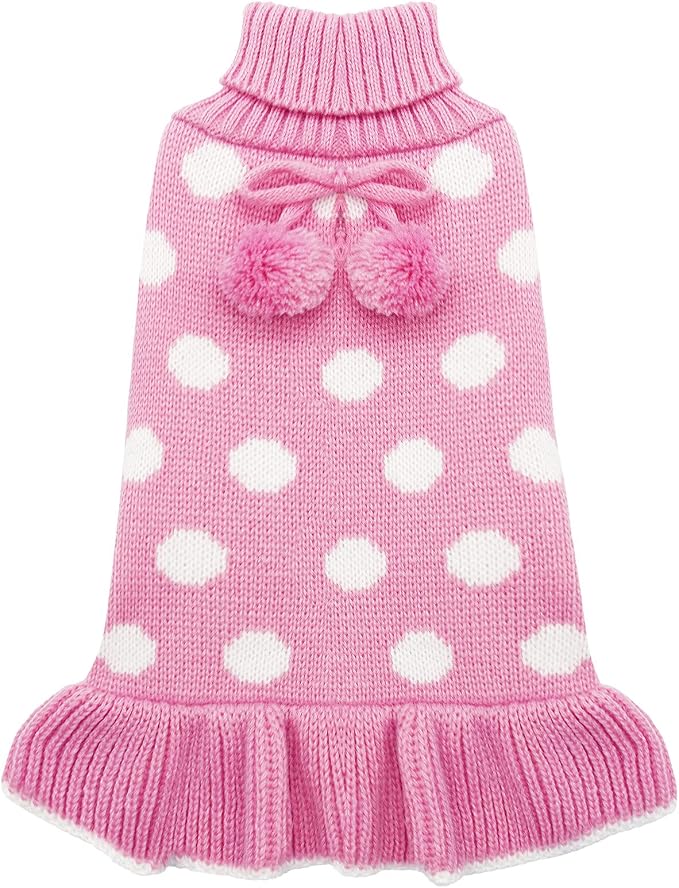 KYEESE Valentines Dog Sweater Dress, Warm Dog Sweaters for Small Medium Dogs Girl, Cozy Pullover Dog Clothes Pet Apparel with Leash Hole, Pink Dot, XL