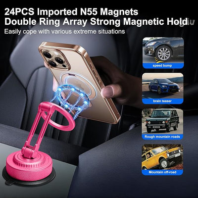 All-Metal Alloy Magnetic Suction Cup Car Phone Mount Holder Dash (Pink) | Strong Powerful Magnetic Heavy-Duty Suction Cup Windshield Dashboard Cell Mobile Phone Mount, Vehicle Bracket Holder for Car