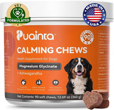 PUAINTA Calming Chews for Dogs, Dog Calming Supplement with Magnesium Glycinate, Melatonin, L-Theanine, L-Tryptophan & Ashwagandha, for Anxiety, Stress, Travel, Separation & Thunderstorms (90 Count)