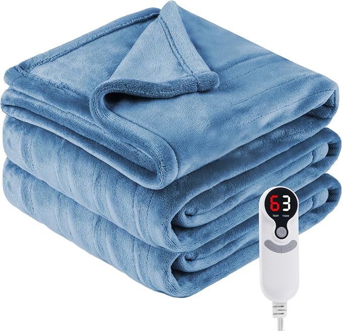 Eydna Electric Heated Blanket Throw Size 50"x60", Fast Heating Throw, Soft Microplush for Sofa & Office, 9 Heating Levels & 1-10 Hours Auto Off, Machine Washable, Gifts for Womens-Light Blue